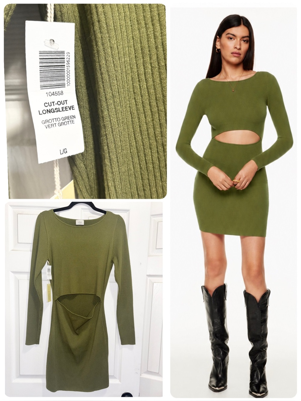NWT Aritzia Wilfred Cut-Out Knit Longsleeve Mini Dress Grotto Green Size Large